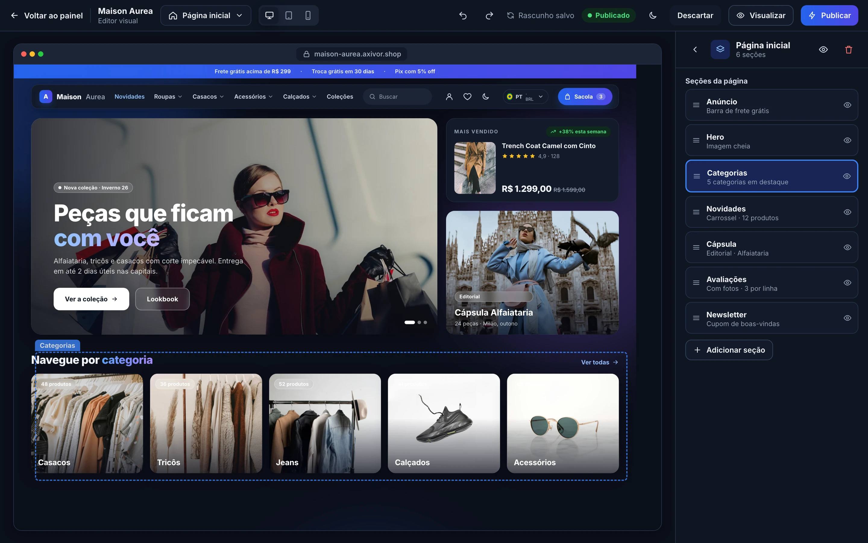 Editor visual com a vitrine real e a lista de seções da página inicial