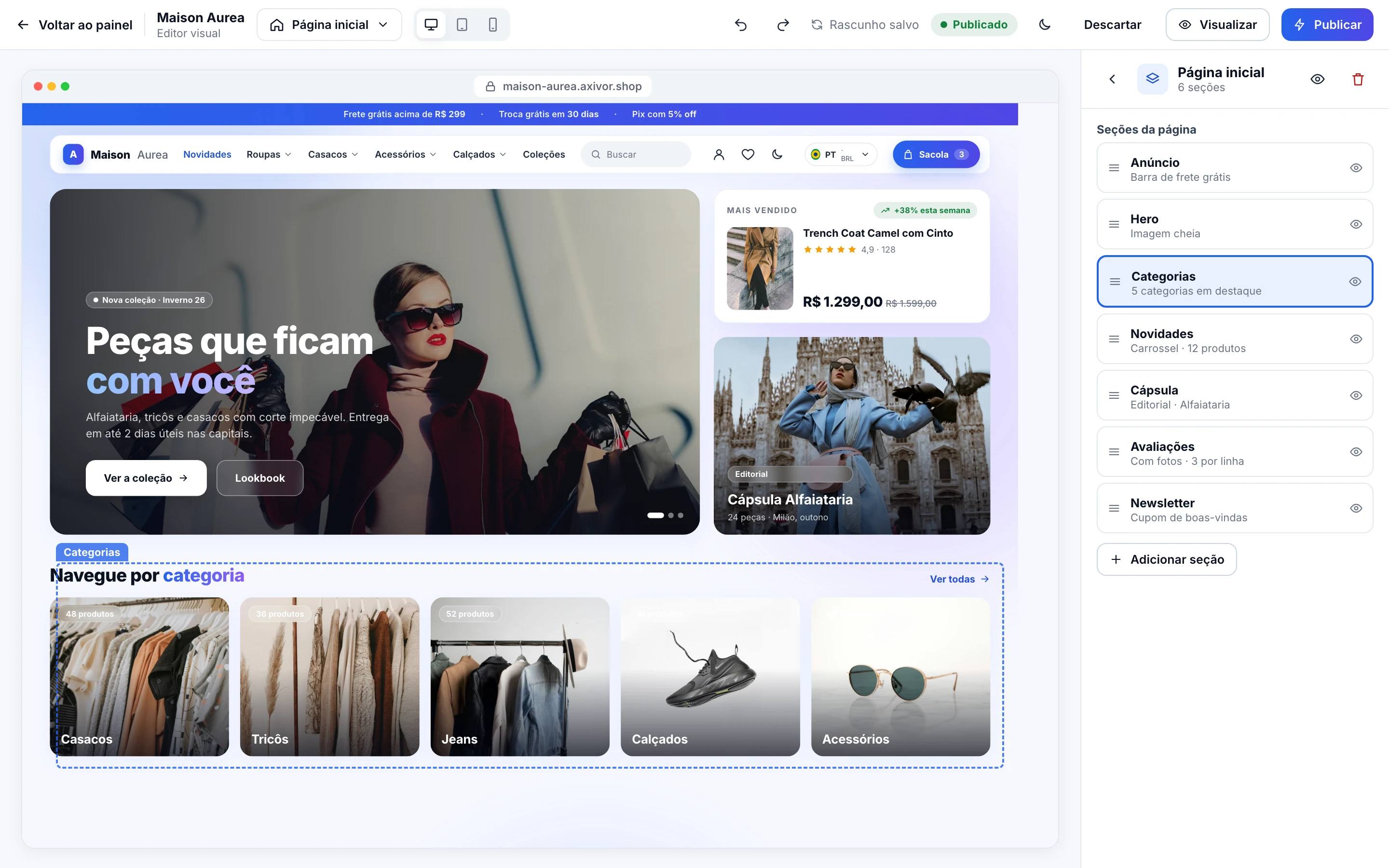 Editor visual com a vitrine real e a lista de seções da página inicial