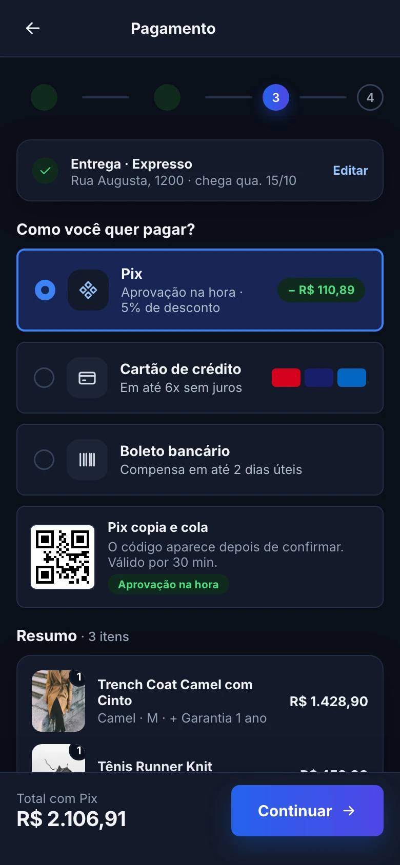 Checkout em quatro etapas com resumo do pedido no celular