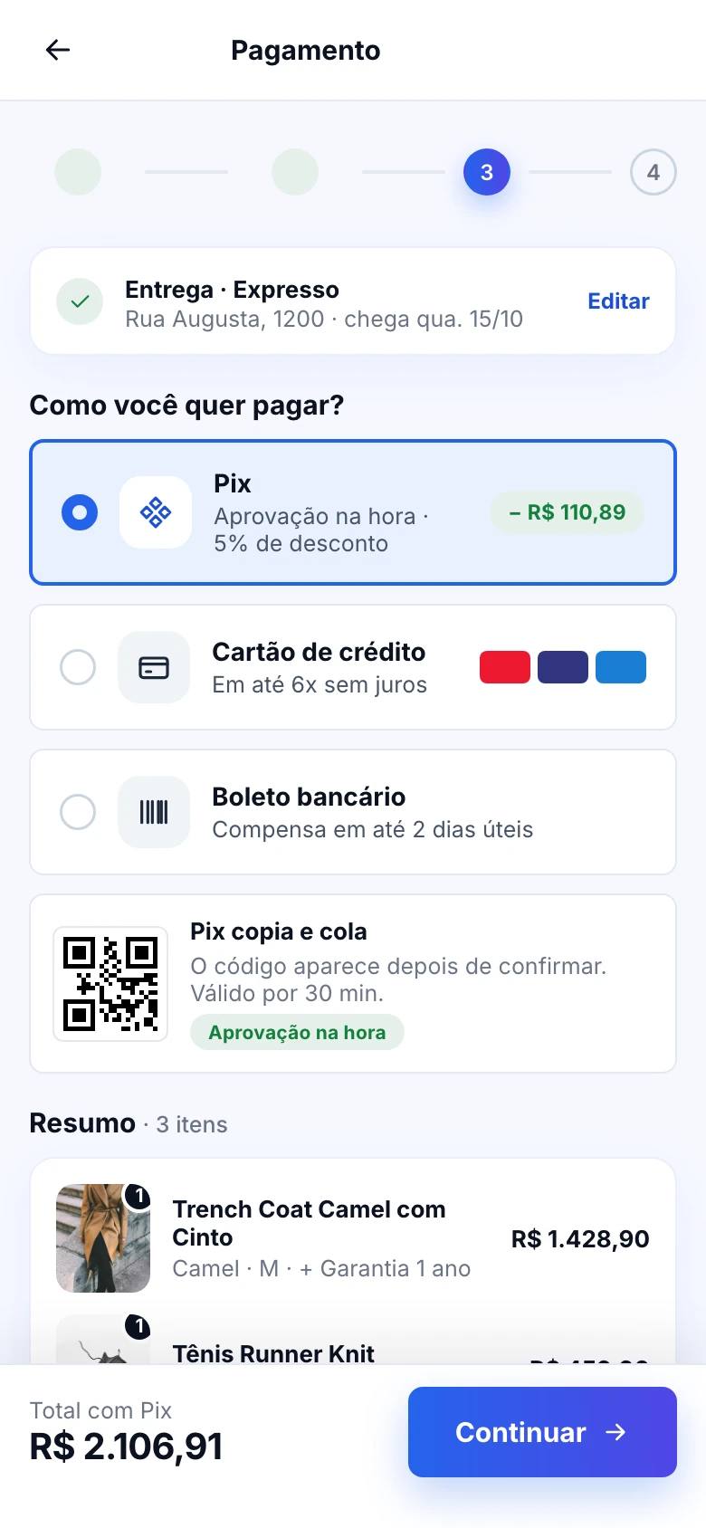 Checkout em quatro etapas com resumo do pedido no celular