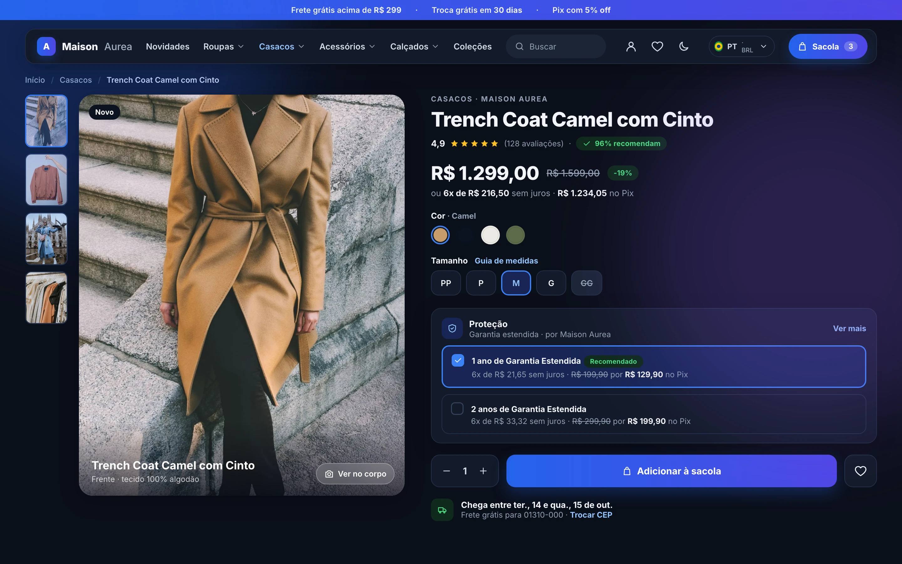 Página de produto com galeria, variações e preço parcelado