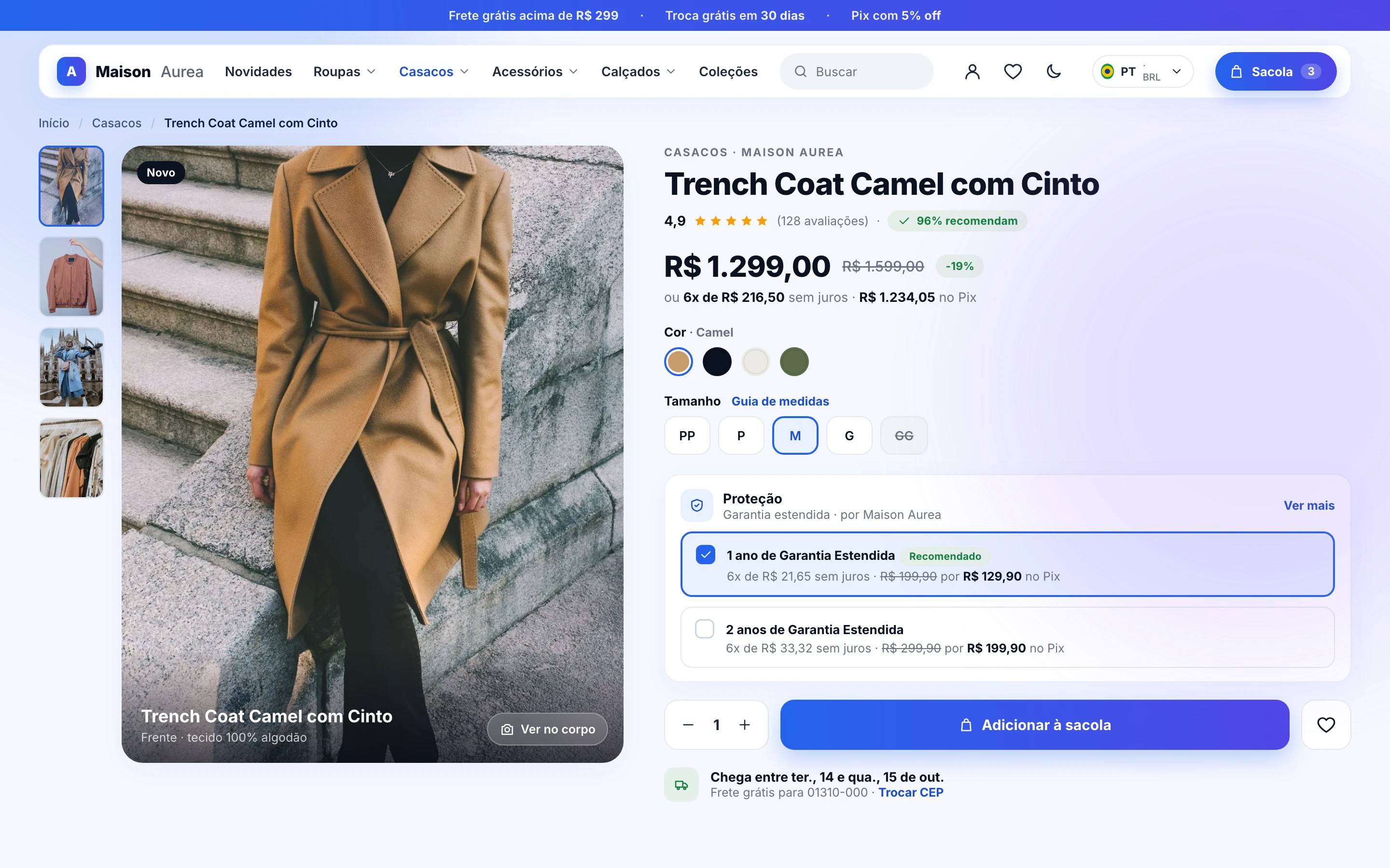 Página de produto com galeria, variações e preço parcelado